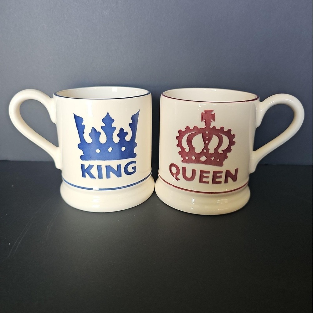 Emma Bridgewater King & Queen Mugs Set of 2 Crown England Blue Red 1/2 Pint